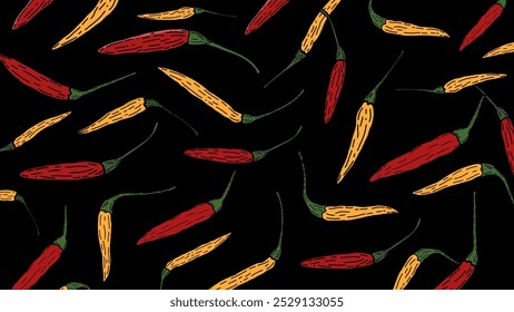 Chili theme background. Illustration of colored chili peppers. Wrap food products with a spicy taste. Vector illustration. 