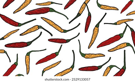 Chili theme background. Illustration of colored chili peppers. Wrap food products with a spicy taste. Vector illustration. 
