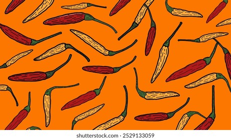 Chili theme background. Illustration of colored chili peppers. Wrap food products with a spicy taste. Vector illustration. 