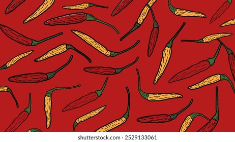 Chili theme background. Illustration of colored chili peppers. Wrap food products with a spicy taste. Vector illustration. 