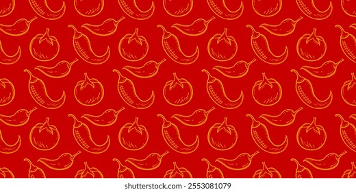 chili with tomato pattern background. vintage chili background. pepper pattern background. chili doodle pattern background.	