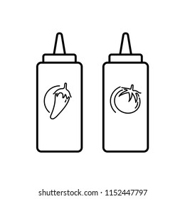 Chili and Tomato Sauce Bottles, package. Simple design, stroke outline style. Line vector. Isolate on white background.