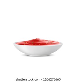 Chili or tomato sauce in white bowl.