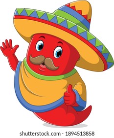 The chili using the sombrero hat with the mustache of illustration