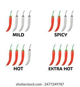 Chili-level icons set. Spice level marks, mild, spicy, and hot. Red chili pepper.  Vector illustration 