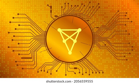 Chiliz CHZ cryptocurrency token symbol in circle with PCB tracks on gold background. Currency coin icon. Vector illustration.