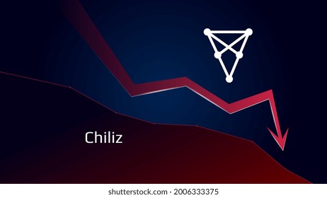 Chiliz CHZ in downtrend and price falls down. Cryptocurrency coin symbol and red down arrow. Token crushed and fell down. Cryptocurrency trading crisis and crash. Vector illustration.