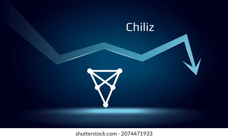 Chiliz CHZ in downtrend and price falls down. Cryptocurrency coin symbol and down arrow. Crushed and fell down. Cryptocurrency trading crisis and crash. Vector illustration.