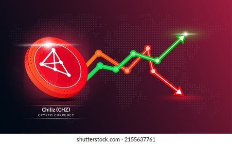 Chiliz coin red. Cryptocurrency token symbol with stock market investment trading graph green and red. Coin icon on dark  background. Economic trends business concept. 3D Vector illustration.