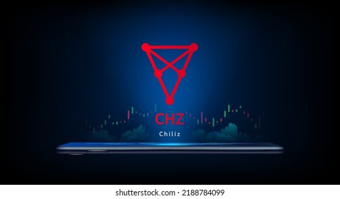 Chiliz cryptocurrency symbol come out from smartphone with growth chart. Trading crypto currency on application. Financial investment banner for news or website. Icon coin token vector EPS10.