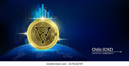 Moneda de oro de Chiliz. El futuro de la criptodivisa de token. Mercado bursátil de la cadena de bloqueo y monedas criptográficas. Espacio vacío en pantalla en blanco para el texto publicitario. Cartel de noticias en el mapa mundial. EPS10 vectores.