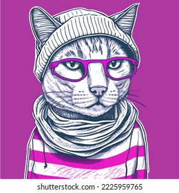 Chill abstract cat vintage and retro theme portrait. art of cat face. NFT style cat character. drawing of cat face illustration. Groovy theme style. bright and eye cathing color vector. modern kitty
