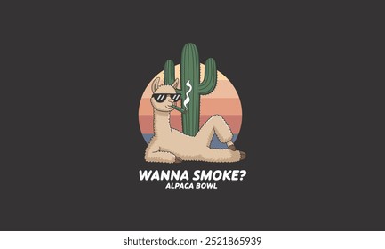 Chill alpaca smoking a cigar, lounging by a cactus with text saying Wanna Smoke Alpaca Bowl