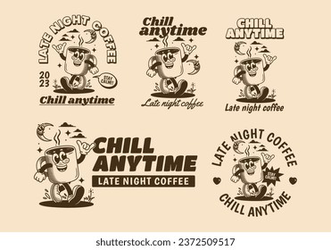 Quítate en cualquier momento, café de noche. ilustración de personajes de mascota de taza de café caminando. Diseño en estilo vintage