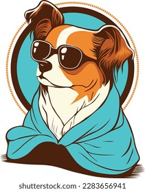 Chill canine ready to ride the waves, sporting shades and a towel for a paw-some day at the beach bash!