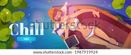Chill cartoon web banner, young woman in bikini lying in wood boat listen music on tablet top view. Girl relaxing on pond with water lilies float on water surface, summer vacation, vector illustration