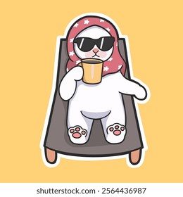 Chill Cat enjoying a cup of tea, cat meme Sticker Vector Cute Illustration