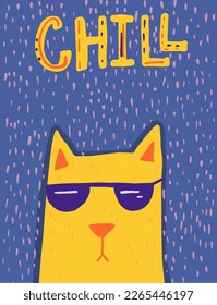 Chill cat con gafas de sol, dibujos animados de ilustraciones planas vectoriales, colores de moda optimistas brillantes, impresión graciosa para camisetas