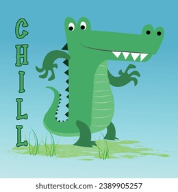 CHILL, Cute crocodile CHILL  illustration with tshirt design premium vector the Concept of Isolated Technology. Flat Cartoon Style Suitable for Landing Web Pages,T shirt, Flyers, Stickers