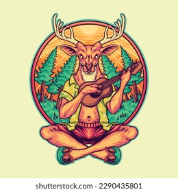 chill deer playing ukulele illustration for tshirt design, logo, or stickers