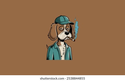 Chill dog with a cigar, wearing a jacket and cap.