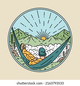 Chill with enjoying view of mountains and sunrise graphic illustration vector art t-shirt design