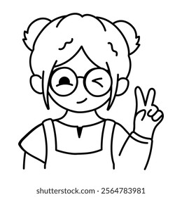 Chill girl making victory sign with hand, doodle style icon
