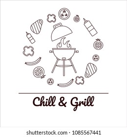 Chill and Grill BBQ party. Vector illustration with grill in circle of vegetables and various meats.