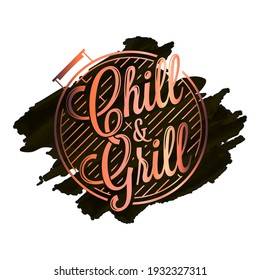 Chill and grill watercolor logo. BBQ grill logo on black background