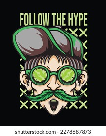 Chill con bigote de hojas y usa ilustración de gafas. Ilustraciones vectoriales para el logotipo de su trabajo, camiseta de mercancía, pegatinas y diseños de etiquetas, afiche,
