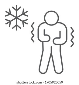Chill Human Thin Line Icon, Flu And Covid-19, Coronavirus Symptom Sign, Vector Graphics, A Linear Icon On A White Background, Eps 10