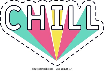 Chill lettering featuring colorful rays radiating from inside a heart shape, outlined with a dashed stroke, captures a relaxed and carefree vibe, embodying joy and tranquility