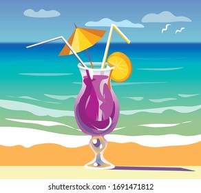 Chill Out Beach llustration. Cocktail, sand and sunshade. Vector illustration