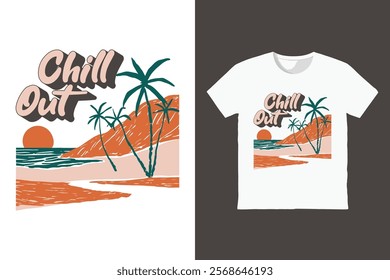 Chill out beach t-shirt design for apparel in drawing style