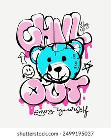 chill out calligraphy slogan with bear doll head brush splatter vector illustration