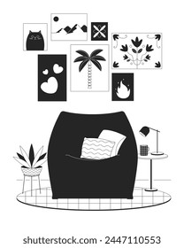 Chill out corner black and white line illustration. Comfortable beanbag chair with small table and pictures 2D lineart objects isolated. Home interior monochrome scene vector outline image