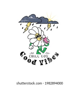 Chill out Good vibes slogan with chamomile flower character. Hippie style groovy vibes