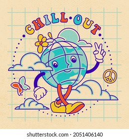 Chill out Good vibes slogan with character Earth, peace symbol. Hippie style groovy vibes and motivational slogan illustration for tee, t shirt and sticker - poster design 