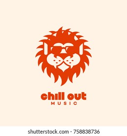 Chill out logo template design with a lion in headphones. Vector illustration.