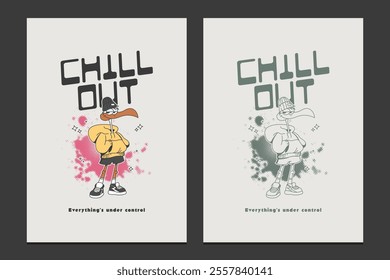 "chill out" poster or graphic t-shirt design featuring a funky cartoon stork character, vector illustration