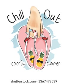 chill out slogan with hand holding colorful flip flips illustration