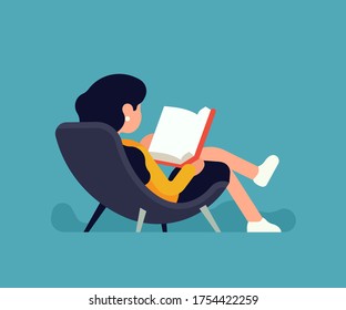 Chill out time with a good book concept vector illustration. Reclined woman reading a novel in a lounge chair