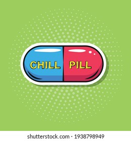 chill pill sobre un fondo verde al estilo del arte pop