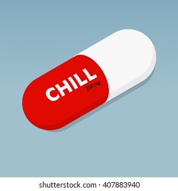 Chill Pill - Red and White Capsule Flat Design on Blue Background