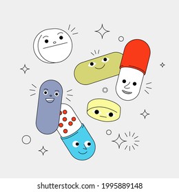 Chill Pills cute tablets and capsules characters isolated on grey background. Funny cartoon drugs. Modern flat and line vector illustration.