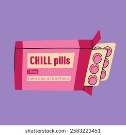 Chill pills. Medical blister pack. Drugs, vitamins, pharmacy, pharmaceutics, hospital, health care concept. Hand drawn trendy Vector illustration. Isolated design element. Poster, print template