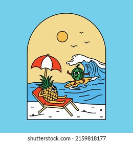 Chill pineapple and surfing watermelon in the good summer graphic illustration vector art t-shirt design
