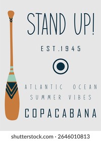 Chill scene of a paddle boarder on tropical waters, great for beach lifestyle apparel and summer-themed decor.