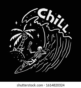 Chill Skeleton Surfing Relax Summer Wave Beach Sea Graphic Illustration Vector Art T-shirt Design