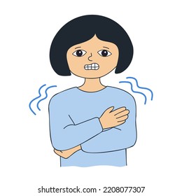 Chill Symptom Or Shaking With Cold Concept. Sick Girl. Chills Due To Colds, Viral Diseases. Unhappy Woman Doodle Vector Illustration.